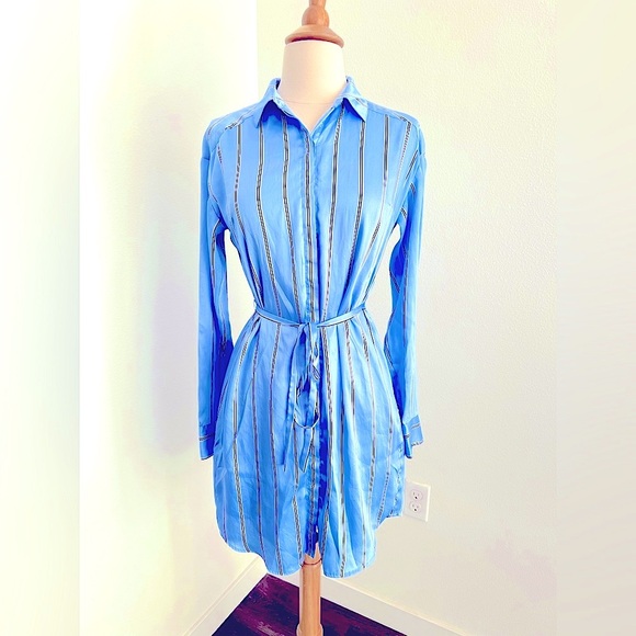Express Striped Button Up Long Sleeve Satin Dress- XS - Picture 2 of 8
